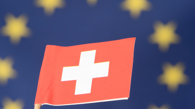 Swiss Flag, in the Background a large EU Flag