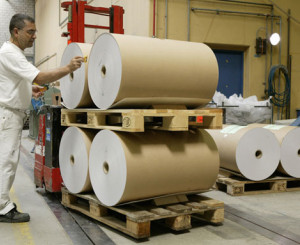 Mann mit Papierrolle in Papierfabrik